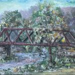Vivian E. Springer original oil on canvas board 16 x 20 signed On Verso: Bridge over Tarry Bridge near Ottawa, KS