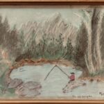 9x11 the old fishing hole - chalk signed M. Black 85 outsider artist looking