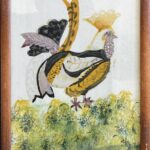 tempra painted bird with yellow crown and yellow tail in North Wing bird window 6.5 x 9.5