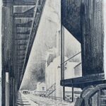 signed B&W ink (charcoal ?) 13 x 19 drawing on waxy paper of graphic angle of a railroad car at a grain elevator John Noble Richards signed left bottom corner. NOW UNFRAMED JOHN NOBLE RICHARDS(1904-?) Born 1904 in Warren, Ohio, John Noble Richards studied architecture at the University of Pennsylvania, where in 1928, he was awarded the Paul Cret Medal for Excellence in Architectural Design. Later, he was also awarded the Stewardson European Traveling Scholarship. Richards was affiliated with the architecture offices of Edwin Brumbaugh and Zantzinger, Borie & Medary in Philadelphia before moving to Toledo, Ohio in 1932. In 1940, he became partner in the firm of Bellman, Gillett and Richards. His many projects included the Ohio State University Student Union and Mershon Auditorium, the Masonic Complex in Toledo, and the Ohio Bell Telephone Company Cherry Center Office in Toledo. He served in many civic leadership positions, including mayor of the village of Ottawa Hills, member of Toledo’s Metroplitian Planning Commision, and from 1958 to 1960, as President of the national AIA.