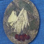9” Antique Folk Art Pyrography Carved Burnt Wood plaque of still life cherries, corn and pear. On back: Louise Park from Oliver