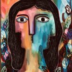 16 x 20 acrylic on canvas Woman in the garden “Blue Moon” 2020 signed Michel Blazquez stamped & signed on back also - unframed