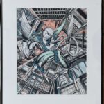 13.5 x 17 original drawing of action figure in a downtown area bought small antique shop in town just north of I-90 east of mississippi