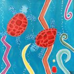 acrylic on canvas of 2 turtles in sea with colorful lines 12” x 12” Signed bottom right. Bought from mom at HWY 12 flea market - artist Kyra Deloach